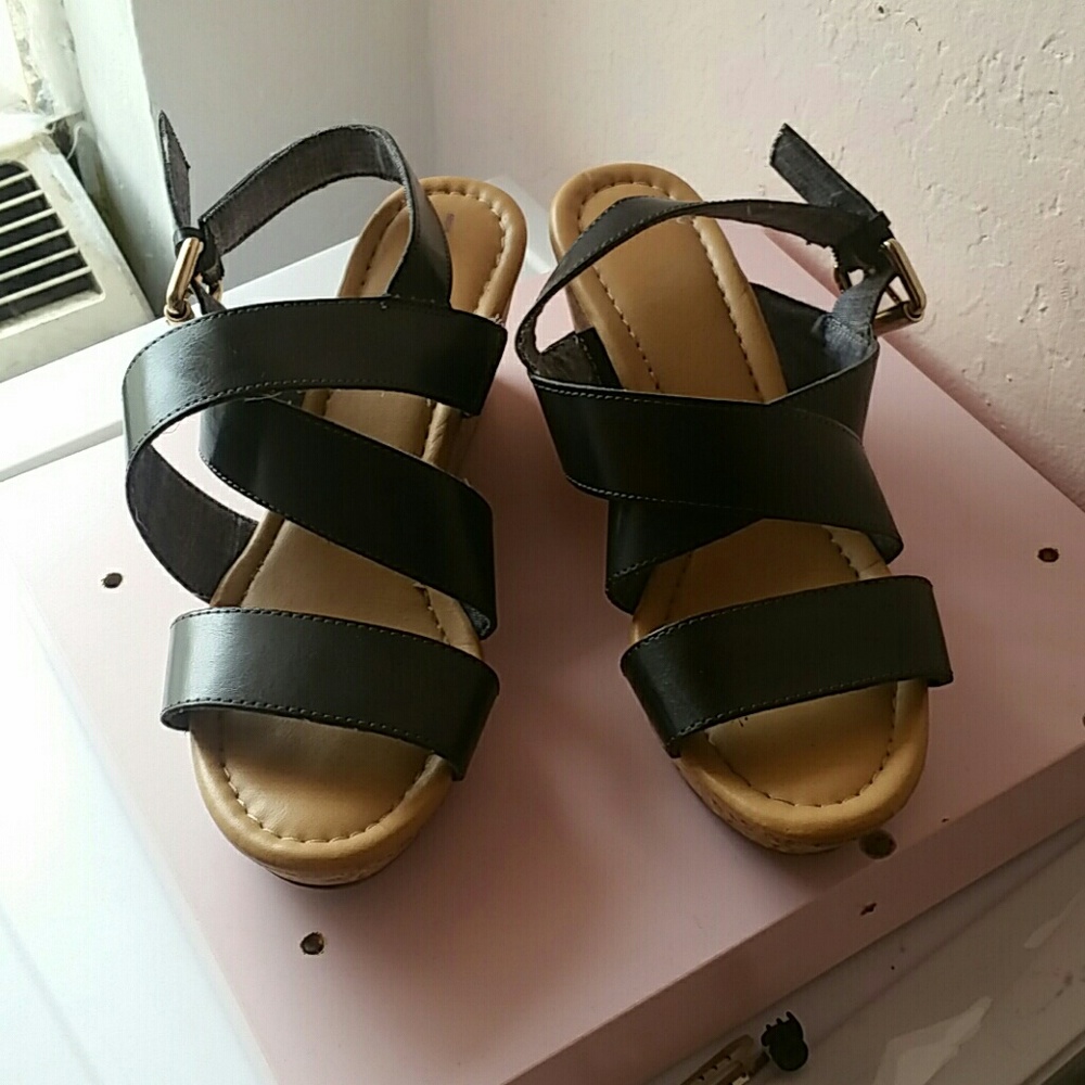 Black wedge sandal strap heels
